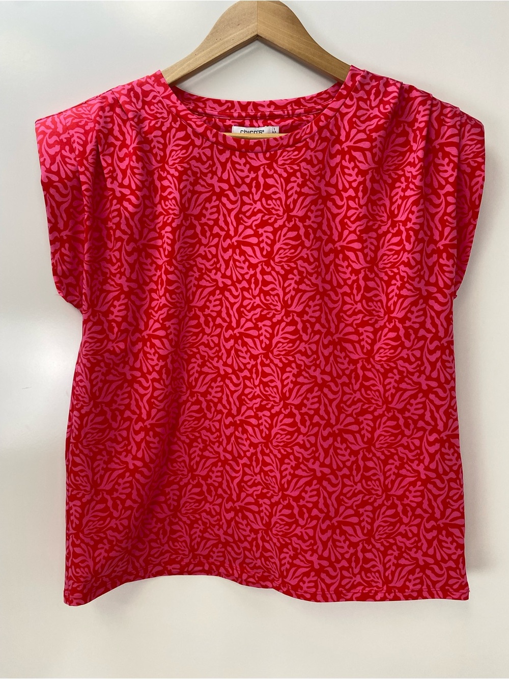 Chico's Pink and Red Printed Cap-Sleeve Tee